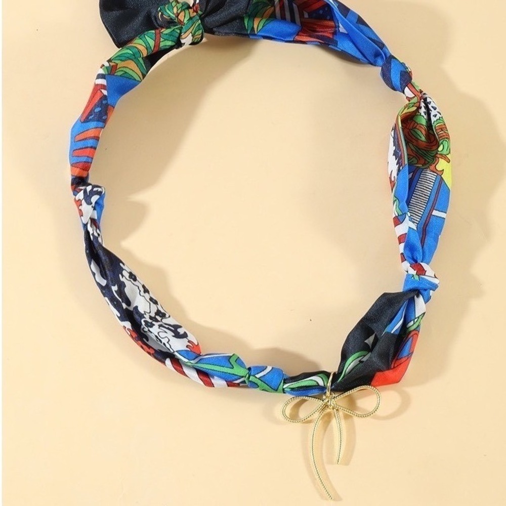 302.Blue Geometric Floral Scarf with Gold Bow Pendant Jewelry Boho Adjustable
